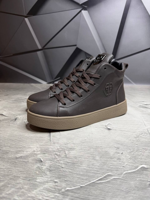 Кожаные мужские теплые коричневые ботинки на зиму Т-1067