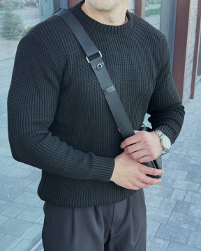 Чорний в'язаний чоловічий светр з круглою горловиною Т-1497