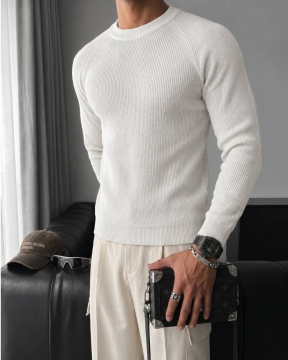 Мужской белый тонкий вязаный свитер Slim Fit Т-1514