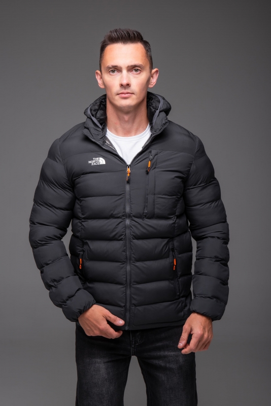 Темно серая мужская стеганая осенняя куртка TNF со сьемным капюшоном К-1693
