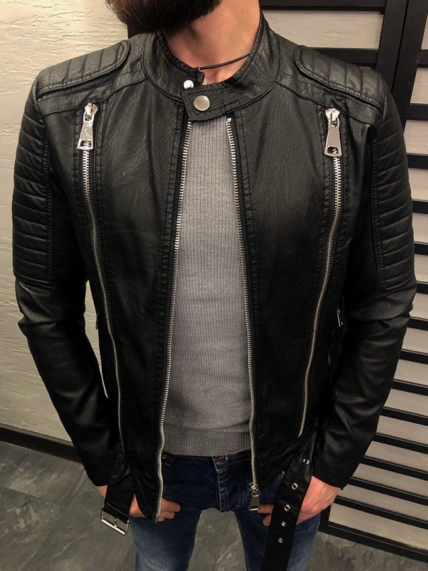 Мужская кожаная куртка с молниями К-227