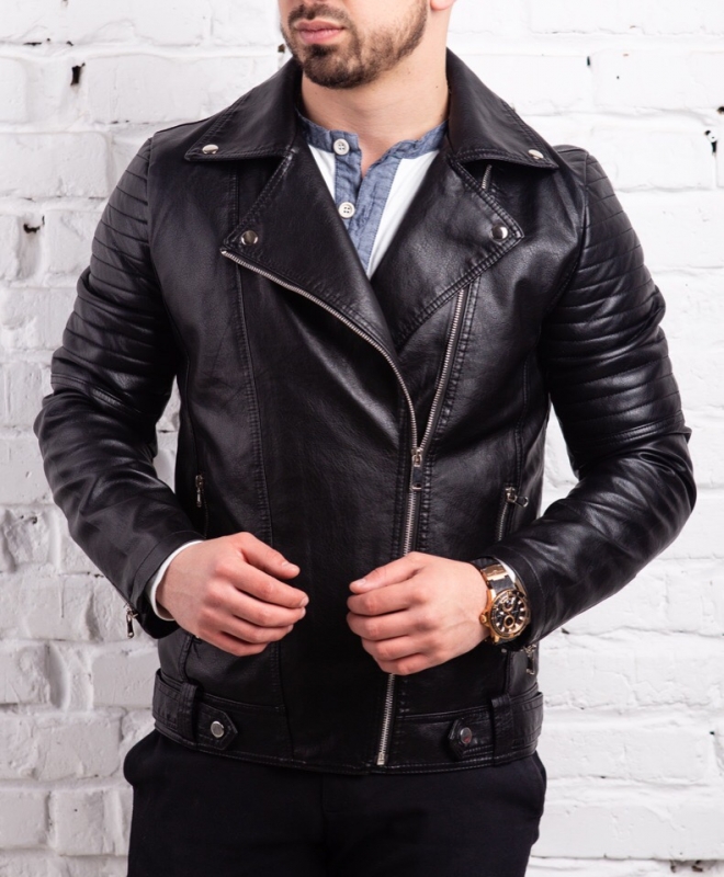 Мужская куртка с косой молнией из эко-кожи К-254