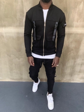 Черный модный спортивный костюм на змейке К-133