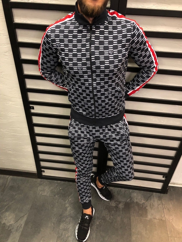 Серый костюм с красными вставками К-138