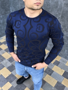 Синий стильный свитер с узорами S-251