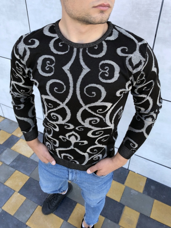 Мужской черный свитер с узорами S-252