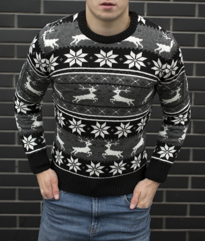 Темно серый свитер с оленями S-282