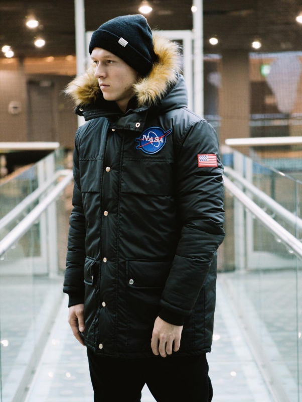 Черная модная мужская зимняя куртка с капюшоном NASA Z-247