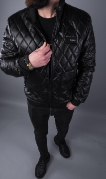 Мужская черная стеганая кожаная курточка К-319