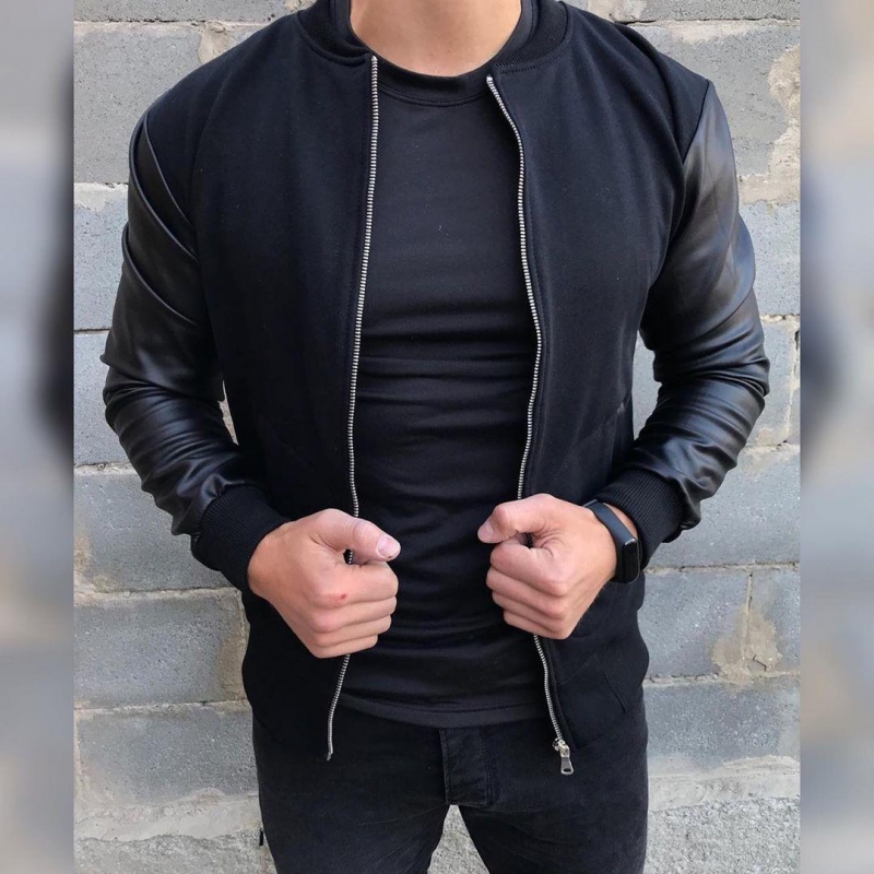 Черная мужская кофта с кожаными рукавами Т-343  в интернет .