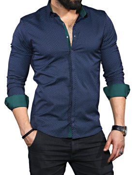 Стильная мужская синяя рубашка с зелеными манжетами Р-673