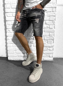 Темно серые рваные мужские джинсовые шорты С-84