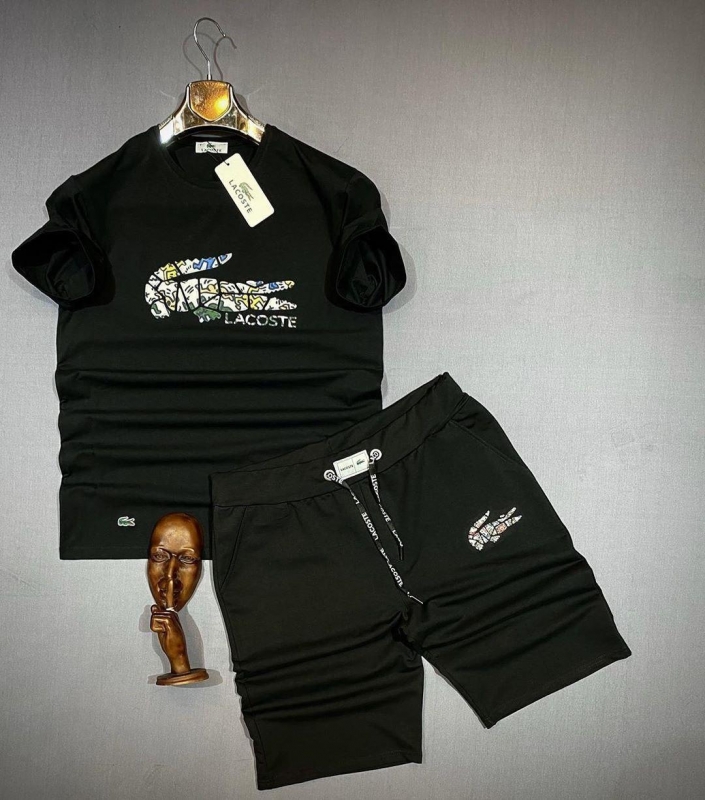 Черный комплект шорты и футболка Лакост на лето 2020 К-191