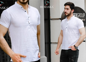 Белая льняная мужская рубашка с коротким рукавом Р-682