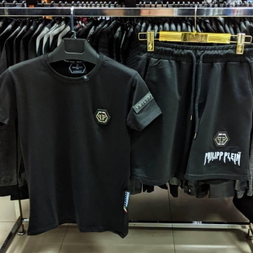 Черный летний комплект футболка и шорты Philipp Plein К-215