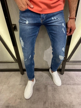Стильные мужские синие джинсы с рваностями D-378