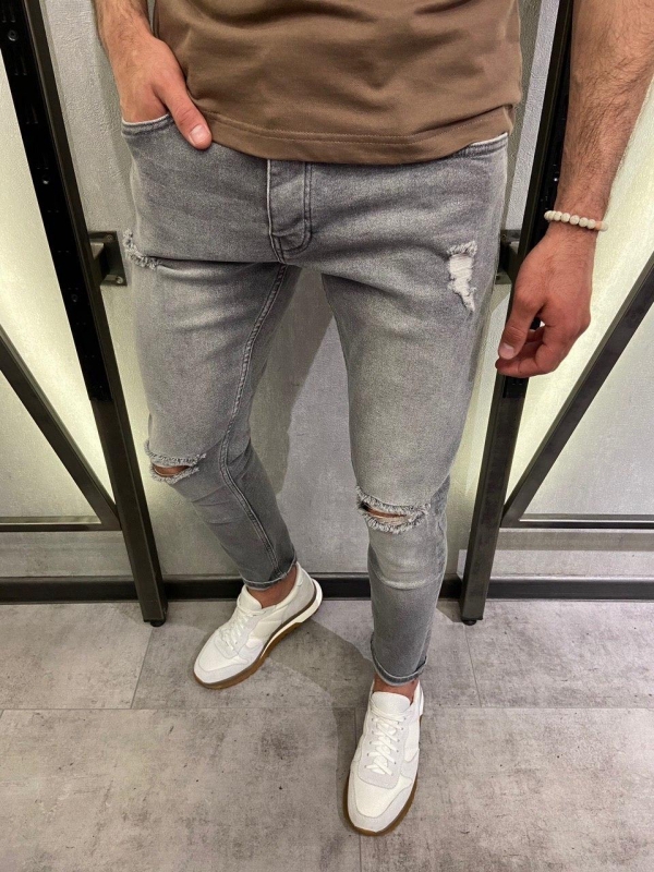 Чоловічі сірі джинси з рваними колінами D-381