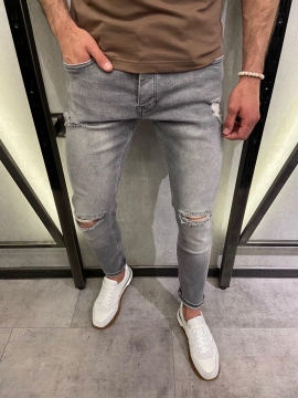 Чоловічі сірі джинси з рваними колінами D-381