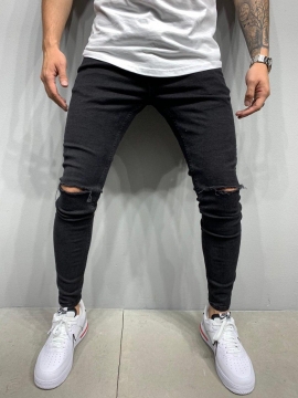 Черные джинсы мужские с рваными коленями D-386