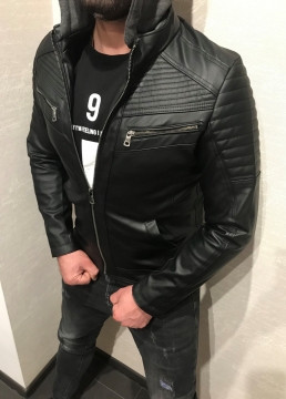 Чоловіча чорна шкіряна куртка з капюшоном К-363