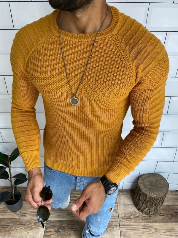 Модный мужской свитер горчичного цвета Т-389