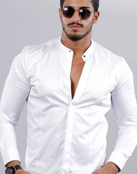 Модная  белая мужская рубашка с воротником стойкой Р-723