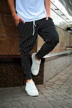Модні чоловічі чорні штани в білу смужку Б-166