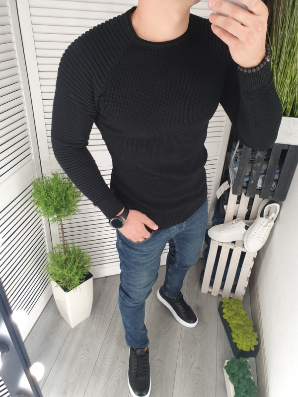 Стильный черный мужской свитер с ребрами Т-403
