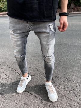 Модные серые джинсы с потертостями D-430
