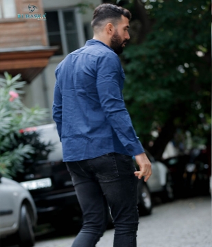 Модная мужская синяя джинсовая рубашка Р-827