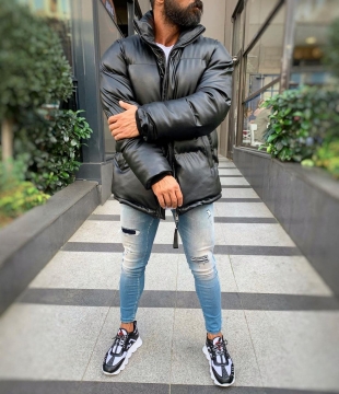 Дута чоловіча зимова шкіряна куртка на холофайбера оверсайз Z-301 