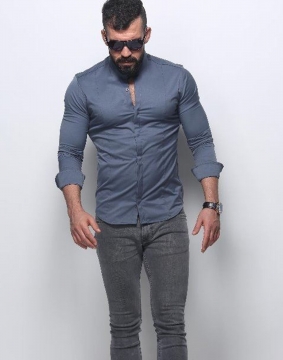 Серая приталенная мужская рубашка стойка воротник Р-865