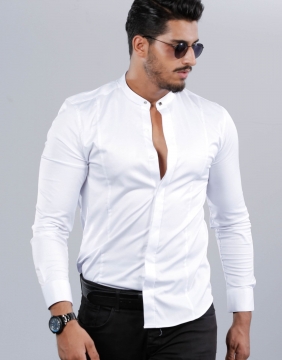 Белая мужская однотонная рубашка с длинным рукавом Р-872
