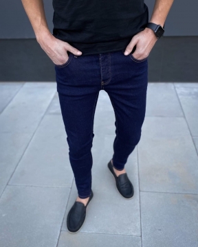Темно синие мужские подзауженные мужские однотонные джинсы D-452