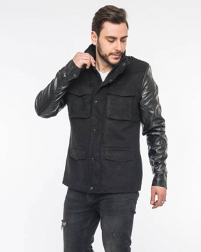 Чорне кашемірове пальто з шкіряними рукавами К-445