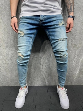 Мужские голубые рваные джинсы с дырками D-464