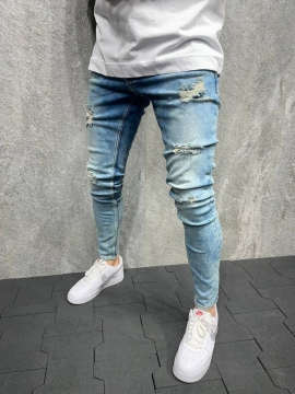 Мужские голубые рваные джинсы с дырками D-464