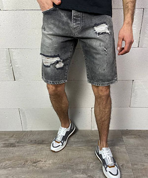 Темно серые мужские рваные джинсовые шорты С-252