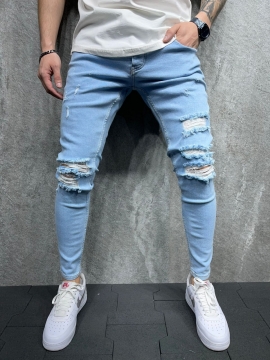 Чоловічі блакитні джинси з дірками D-511