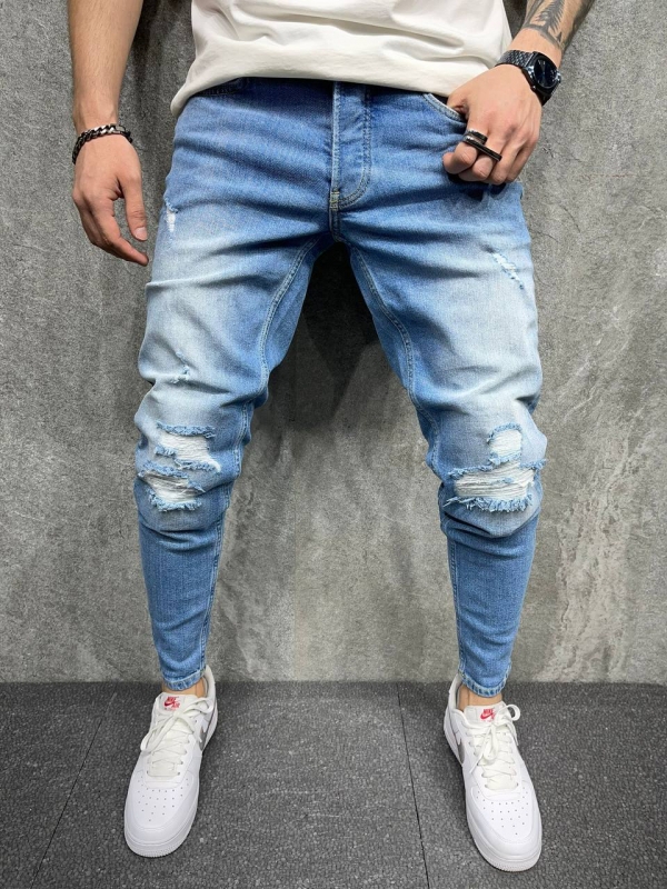 Модные рваные мужские голубые джинсы D-520