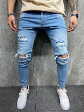 Модные рваные голубые мужские джинсы D-523
