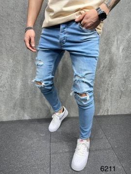 Модные рваные голубые мужские джинсы D-523
