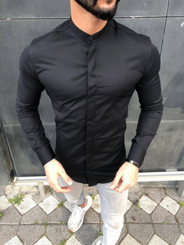 Чорна чоловіча приталена однотонна сорочка з довгим рукавом Р-960