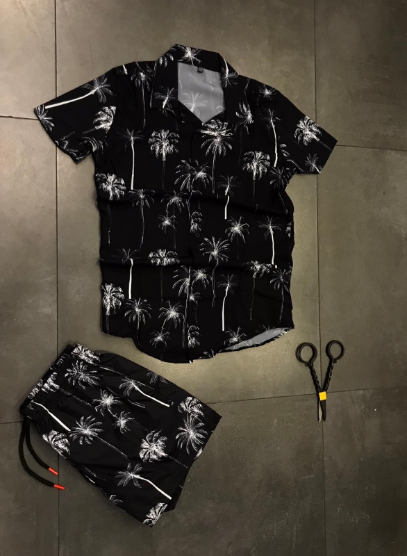 Літній чоловічий комплект шорти і сорочка з пальмами К-377