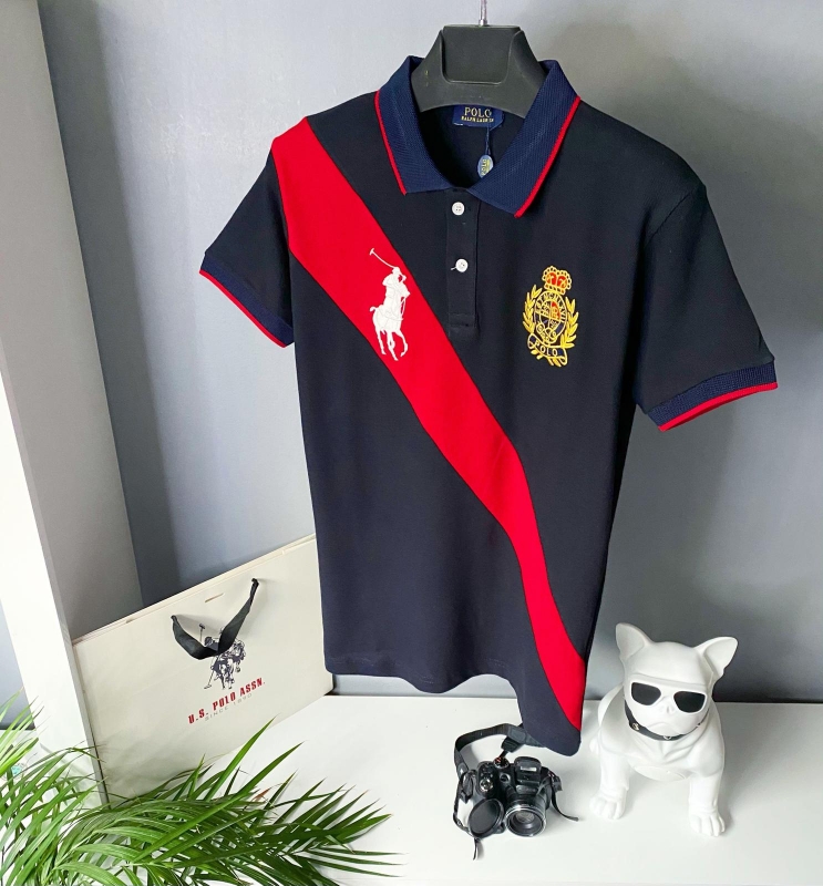 Брендовая мужская черная футболка Polo с красной полосой Ф-884
