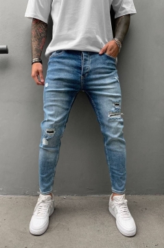 Модные синие джинсы с небольшими дырками D-528