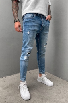 Модные синие джинсы с небольшими дырками D-528