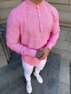 Розовая модная рубашка стойка с длинным рукавом Р-974
