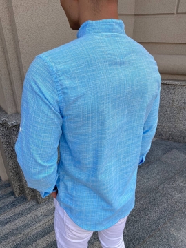 Голубая мужская рубашка воротник стойка Р-975