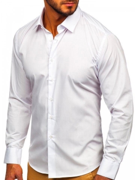 Белая мужская однотонная рубашка с длинным рукавом Р-978